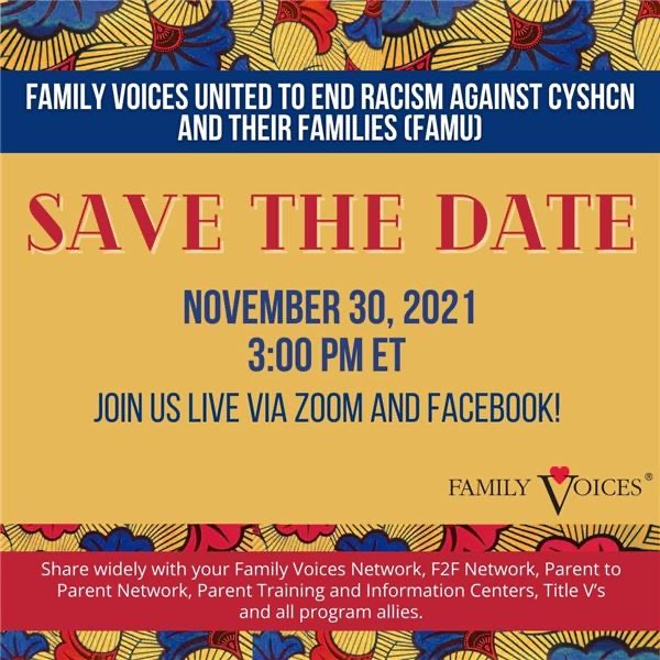 Save the date and join us for a conversation with FAMU about ending racism again CYSHCN ! 

11/30 3:00 ET