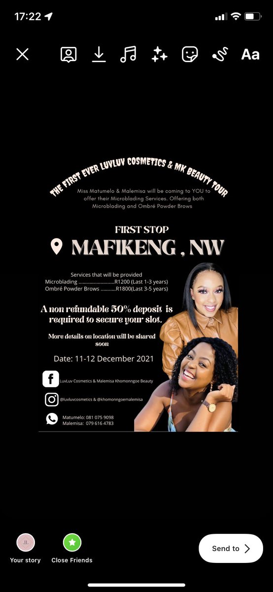 LuvLuvCosmetics's tweet photo. Good day everyone , LuvLuv Cosmetics and MK Beauty have collaborated in a Microblading Beauty Tour. We will be touring different cities/town to offer you our outstanding Microblading services.
See you there ๐.
#microblading #makeupservices #Level5 #vaal #Mafikeng #AltitudeBeach https://t.co/G1ypfTvBR6