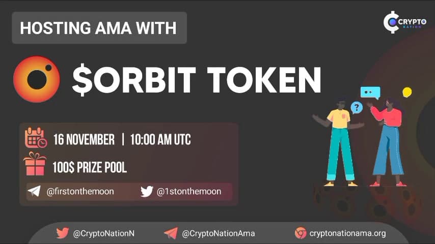 1stOnTheMoon's tweet photo. We are pleased to announce our next AMA on 16 November at 10:00 AM UTC  with Crypto Nation 
💰100$ Prize Pool 
🌕 https://t.co/6VZf2QVRTY
🌕 https://t.co/xHMhdJmM8F
🌕 https://t.co/A6q2IYR3f0
#FirstOnTheMoon #ORBIT $ORBIT #BSC https://t.co/cPhI2K5SoP
