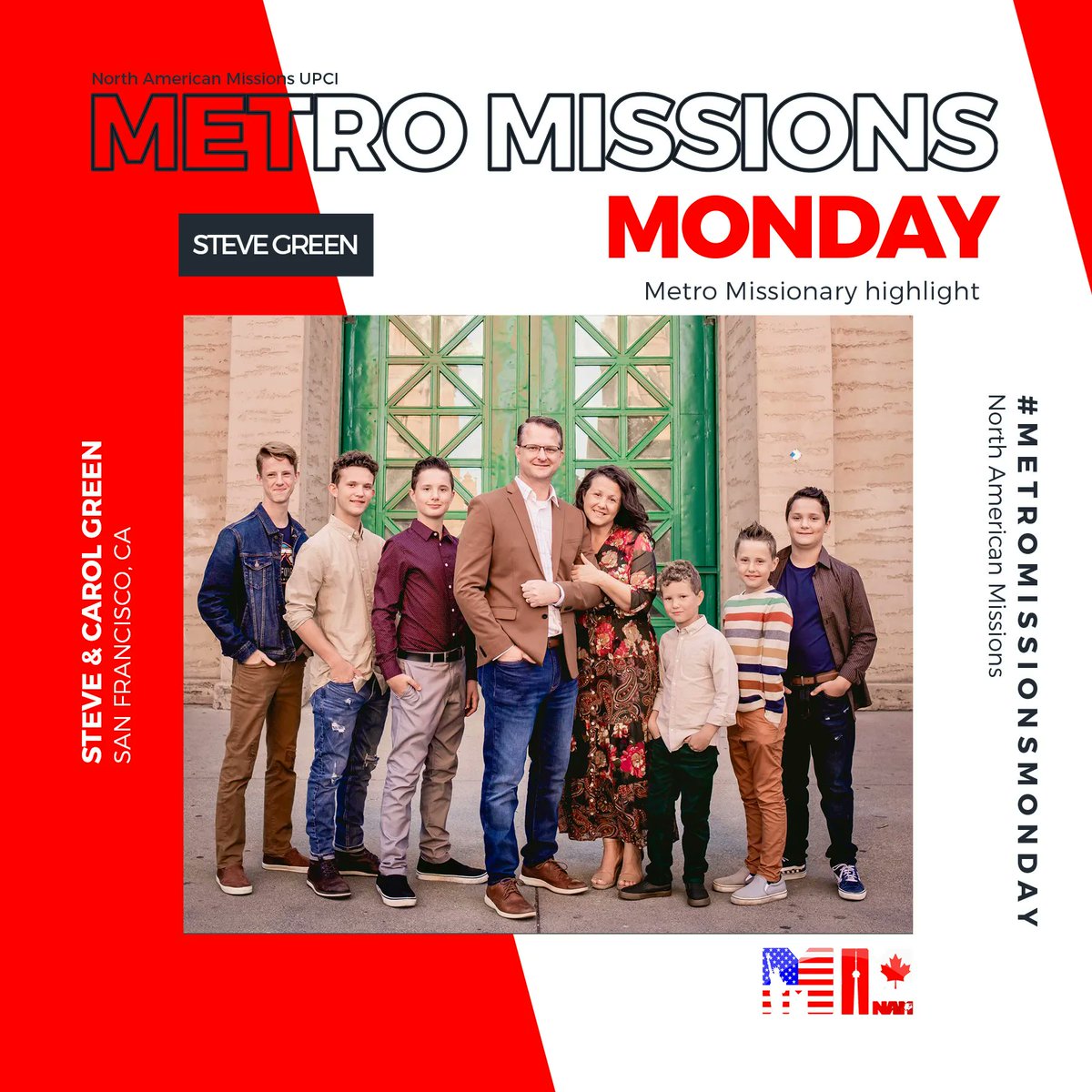 👋🏻 Hey everyone, it’s #MetroMissionsMonday! Met the Green family! Steve &amp; Carol Green along with their 6 sons are currently on deputation as Metro Missionaries to San Fransisco. Will you take some time and pray for the Green's today? bit.ly/3fAlXk9 for more info!
