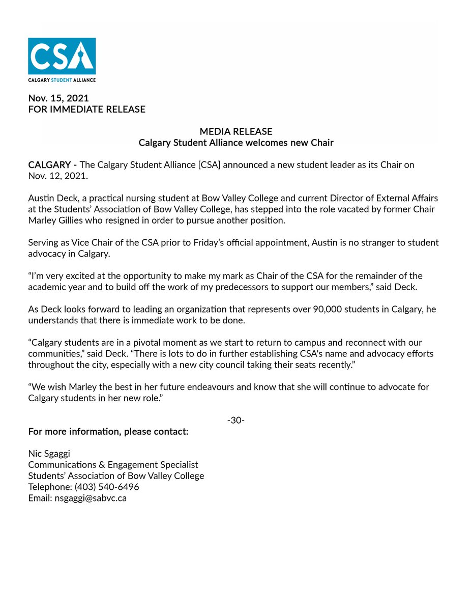 StudentsCalgary's tweet photo. Please read our statement on our new Chair, @DexternalBVC.
We are very excited to for the leadership Austin will bring to advocating for our 90,000 members. #yyc #yyccc #yyced #highered #abpoli https://t.co/BBJ0Xzz4Oq