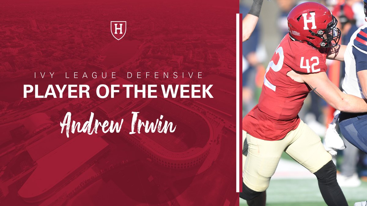 HarvardFootball's tweet photo. .@andrew_irwin2 has been named the Ivy League Defensive Player of the Week!

📰: https://t.co/vY5B9fUmup

#OneCrimson #GoCrimson https://t.co/2Lmw9oQJpd