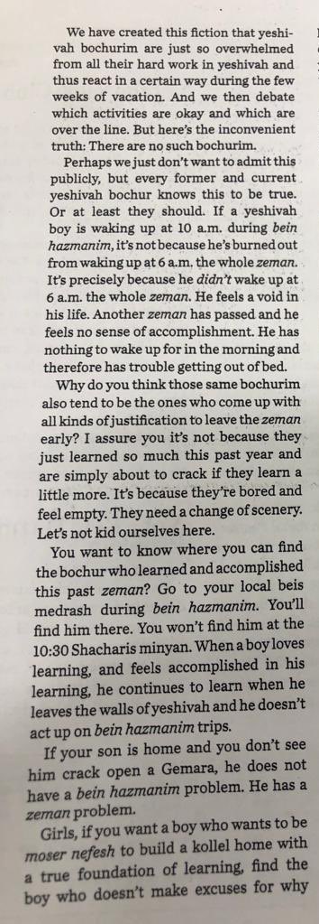 DBashIdeas's tweet image. “If your son is home and you don’t see him crack open a Gemara, he does not have a bein hazmanim problem. He has a zeman problem.”

This is a very heavy and important letter published by @themishpacha about the very real struggle of feeling a sense of accomplishment in Yeshiva.