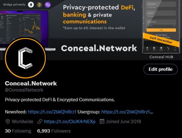 ConcealNetwork's tweet photo. We just updated our Twitter logo and banner!
Made by, you guessed it, our community! Sexy ain't it? Stay tuned for Conceal Hub, coming December 24th👀
Nobody owns Conceal, everyone can take part. Join us: https://t.co/xiVYq34zd1
$CCX #Privacy #PrivacyMatters #PrivacyPerfected https://t.co/QjRt5UvoaY