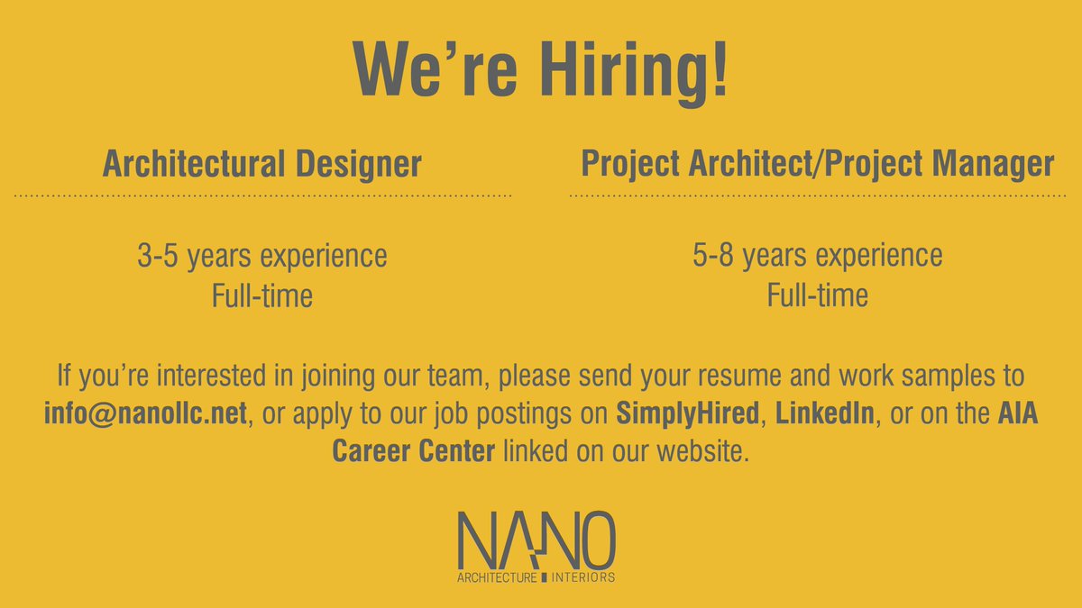 WE'RE HIRING!
If you're interested in joining our team, please send your resume and work samples to info@nanollc.net, or apply to our job postings on linked on our website.
#hiring #architecturaldesigner #projectarchitect #projectmanager #neworleansjobs #availablejobs #workwithus