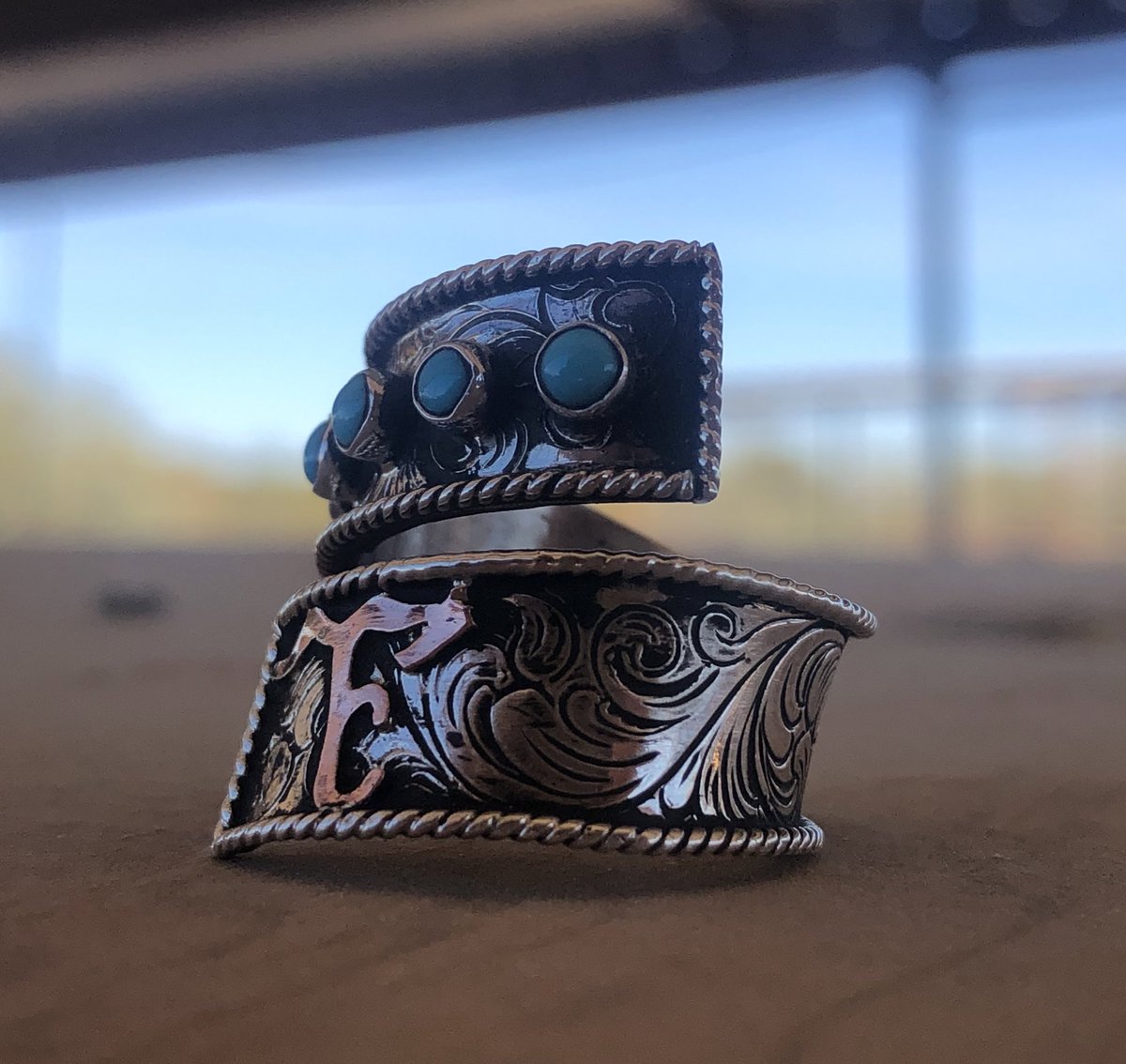 LoganPerryman's tweet photo. Custom Wrap Ring! 
Sterling Silver 
Hand Engraved!! 
With a dash of Kingman Turquoise! https://t.co/tvSe2olrpY
