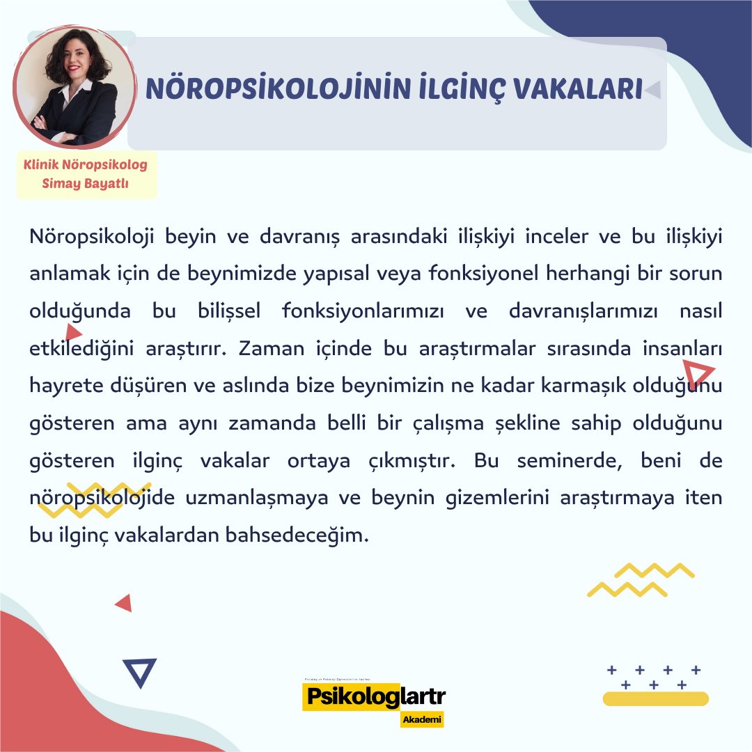 psktrakademi's tweet photo. Herkese merhaba 🤍
Akademi’de Bu Hafta adlı etkinlik serimize Nöropsikolog Simay Bayatlı ile devam ediyoruz. 
@psikologlartr https://t.co/XSfVZqlOIn