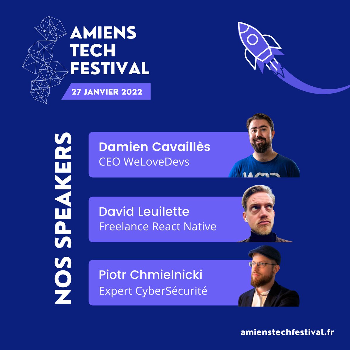 AmiensTechF's tweet photo. Hey ! 2 bonnes nouvelles ce soir :
1/ @TheDamfr, @flexbox_  et @piotrcki sont nos 3 premiers speakers :)
2/ Les inscriptions pour la 1ère édition d'Amiens Tech Festival sont ouvertes => https://t.co/YE2F8NORH5 https://t.co/y5k462K7jj