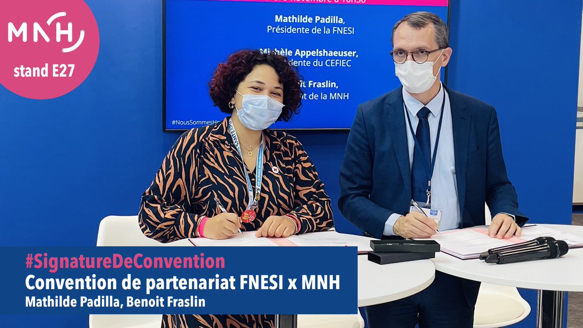 gauthierpro's tweet photo. #SANTEXPO | À @ParisSANTEXPO, Benoit Fraslin et @Mathilde_FNESI ont renouvelé le #partenariat affinitaire liant @la_FNESI et la @MNH_Mutuelle autour de la #SemaineDuBienEtre, action de #prévention visant à promouvoir le bien-être des #ESI (physique, psychologique ou social). https://t.co/tPMN9HNITD
