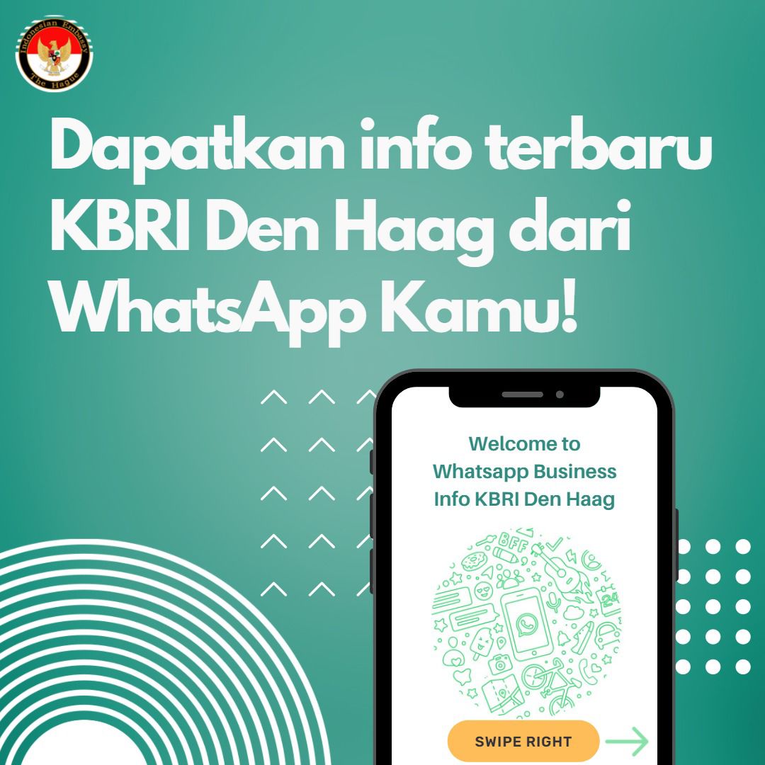 kbridenhaag's tweet photo. Hoi Allemaal!

Sekarang KBRI Den Haag makin dekat sama kamu!

Yuk join WhatsApp Business “Info KBRI” untuk mendapatkan info terbaru, agenda kegiatan dan pengumuman dari KBRI!

N.B. : Nomor ini bukan merupakan layanan darurat dan layanan pengaduan KBRI Den Haag.

#inidiplomasi https://t.co/cYmWDuzk6V