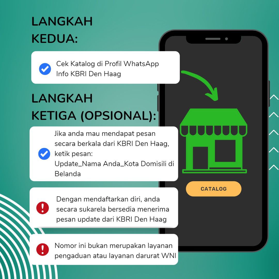 kbridenhaag's tweet photo. Hoi Allemaal!

Sekarang KBRI Den Haag makin dekat sama kamu!

Yuk join WhatsApp Business “Info KBRI” untuk mendapatkan info terbaru, agenda kegiatan dan pengumuman dari KBRI!

N.B. : Nomor ini bukan merupakan layanan darurat dan layanan pengaduan KBRI Den Haag.

#inidiplomasi https://t.co/cYmWDuzk6V
