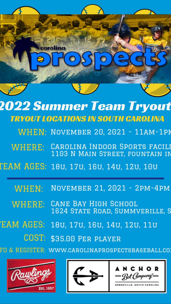 CarProspects's tweet photo. Big weekend coming up for the @CarProspects 2022 Spring/Summer Team Tryouts in the upstate and Charleston areas! Go to https://t.co/flgYzbhxrU to register! #playerdevelopment #compete #prospects https://t.co/uUcGZW5zww
