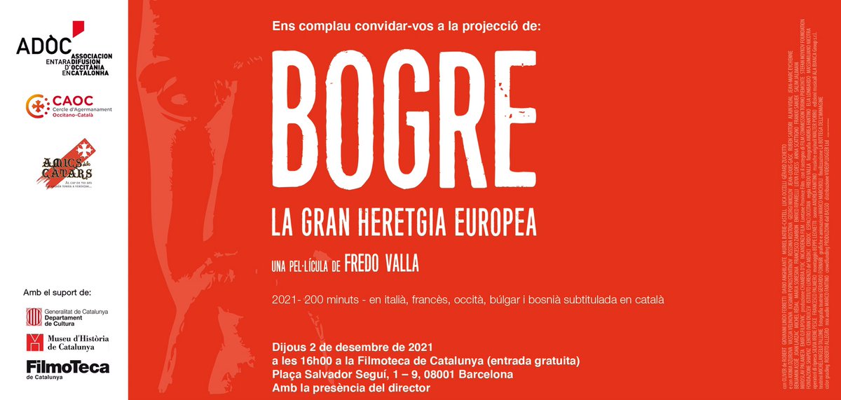 Cjaumev's tweet photo. Els dies 1 i 2 de desembre podeu assistir a la presentació i projecció de Bogre, una pel·licula-documental sobre el genocidi desfermat principalment contra els Occitans, i altres pobles d’Europa
Amb el suport del @CAOC_ i d’#Adòc https://t.co/ffpXWFEKUK
