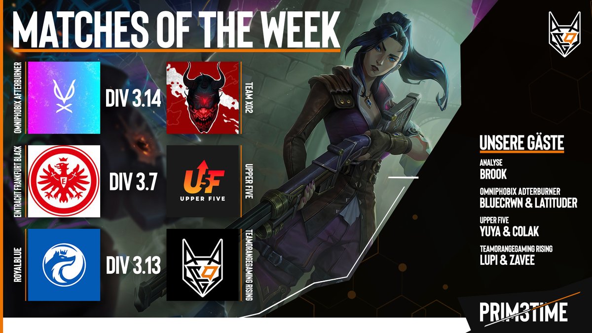 PRIMETIME_PRM's tweet photo. Morgen ist die letzte #PRIM3TIME des Regular Splits! Dann heißt es Fokus auf die Playoffs 2-3👑📣

Matches of the Week:
➡️@omniphobix vs. #TeamXO2
➡️@Eintrachtesport Black vs. @Upper_Five 
➡️@RoyalBlue_GG vs. @TOGfoxes Rising

WO📺: https://t.co/DxEoYIgokI 
WANN⏱️: 16.11 - 21 Uhr https://t.co/dOQKZcsAzz