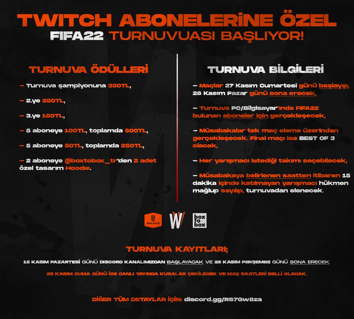 wonderkidwin's tweet photo. TWITCH ABONELERİNE ÖZEL FIFA22 TURNUVASI BAŞLIYOR!

Tam 15 aboneye toplamda 1500TL ve @boxtobox_tr 'den 2 adet özel tasarım hoodie.

TURNUVAYA KATILIM VE YARIŞMANIN TÜM DETAYLARI İÇİN: https://t.co/do7B8vBpee https://t.co/kKPsIFwNmI