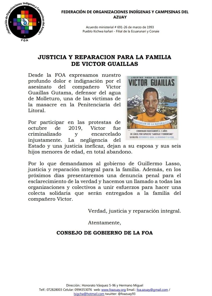 Desde <a href="/foazuay93/">Foa Azuay</a> expresamos nuestro dolor e indignación por el asesinato de nuestro compañero #VictorGuaillas
Exigimos al gobierno de <a href="/LassoGuillermo/">Guillermo Lasso</a> reparación integral para su familia y en los próximos días presentaremos una denuncia penal para el esclarecimiento de la verdad.