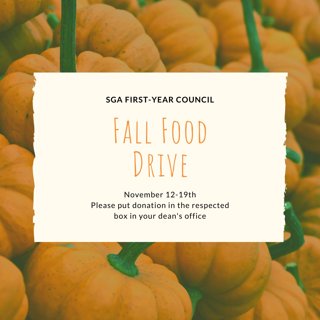 TAMUCC_SGA's tweet photo. Islanders! We hope you participate in SGA's First Year Council's Fall Food Drive! Bring your donations to the respective box in your dean's office!  Let's see which college collects the most donations 🤔🏆! Go Islanders! 🍁🤙 #tamucc https://t.co/gUrNUA49b0