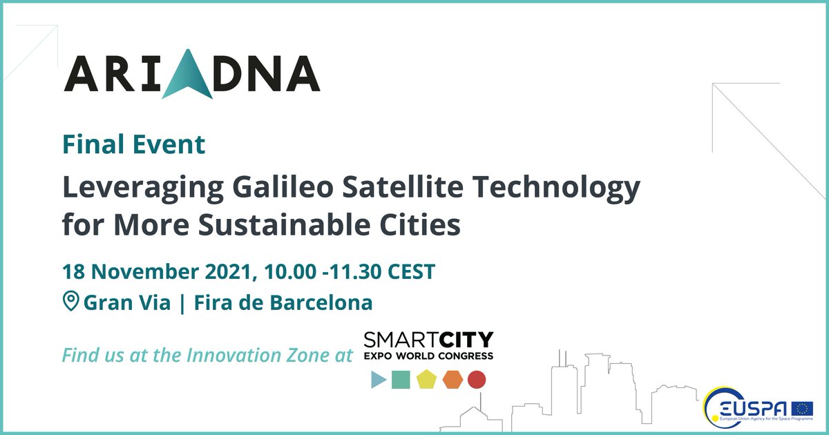 Ariadna Project (@projectariadna) on Twitter photo On 18 Nov, #ARIADNA organises its Final Event at <a href="/SmartCityexpo/">Smart City Expo World Congress</a>! Join us to:
📚Learn about project results
🛰️Hear from int. speakers how using #EGNSS has improved their services
🛴Discuss how ARIADNA influenced the urban mobility landscape
👉bit.ly/3oolasI
#UseGalileo On 18 Nov, #ARIADNA organises its Final Event at <a href="/SmartCityexpo/">Smart City Expo World Congress</a>! Join us to:
📚Learn about project results
🛰️Hear from int. speakers how using #EGNSS has improved their services
🛴Discuss how ARIADNA influenced the urban mobility landscape
👉bit.ly/3oolasI
#UseGalileo