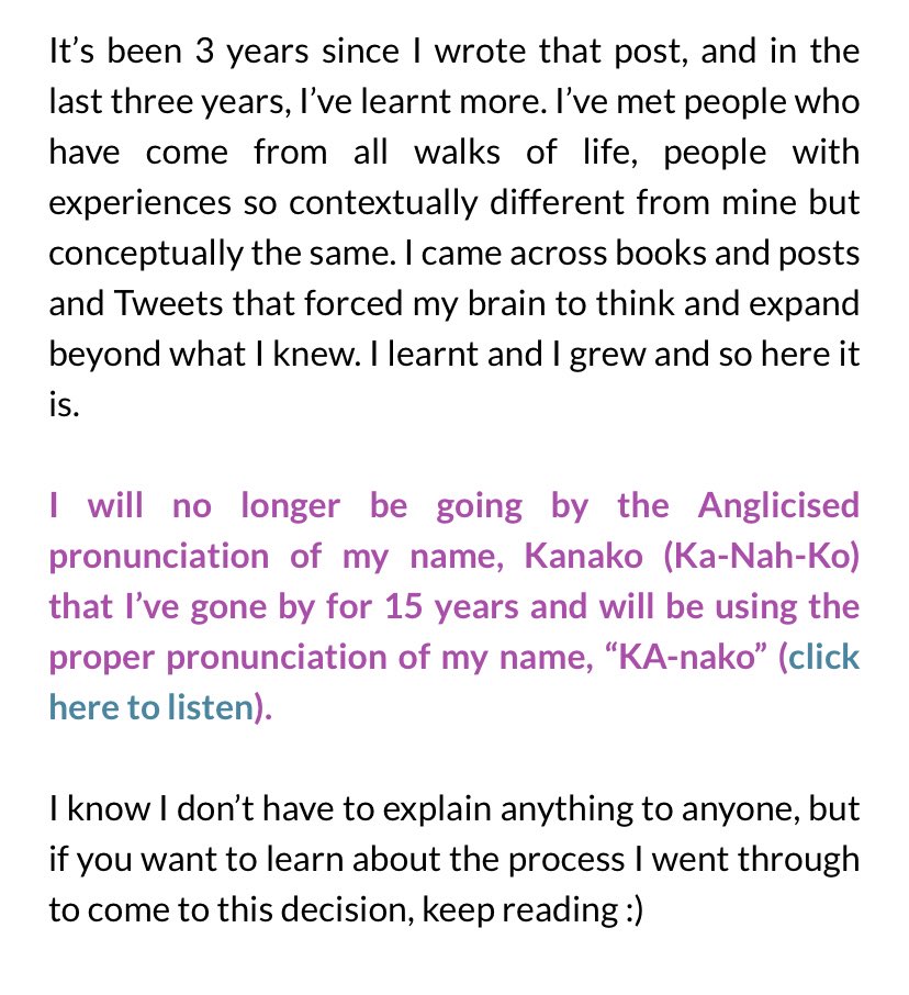 KanakoSuwa's tweet photo. I’ve decided to start pronouncing my name the right way finally and I would appreciate if you all did the same moving forward 💙

Because if I don’t practice what I preach, how do i justifying preaching it to my students? 

Wrote in depth here: https://t.co/lJKOf70mjv 
#intlELOC https://t.co/NFIEOQXQwI