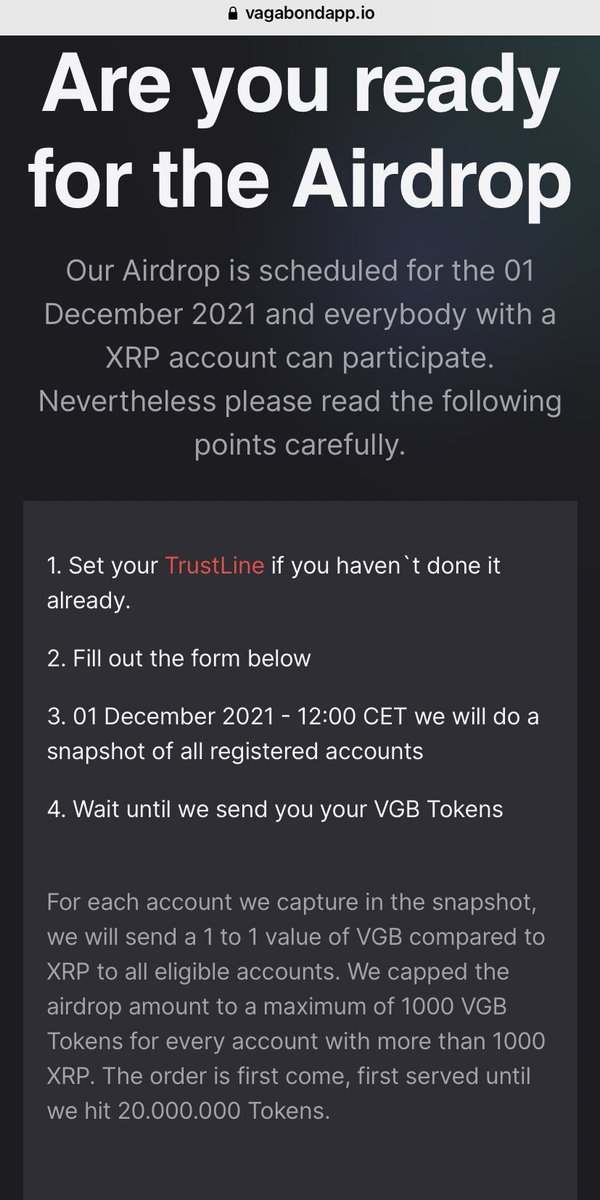 RipboyCrypto's tweet photo. Airdrop reminder from @Vagabondappio !!!

Please fill out the form at the following link ! https://t.co/THQSSQRvkk snapshoot will be scheduled on December 1st. the airdrop that you will get is according to the XRP you have (1:1) Dont miss it ! https://t.co/1ru7az8fkJ