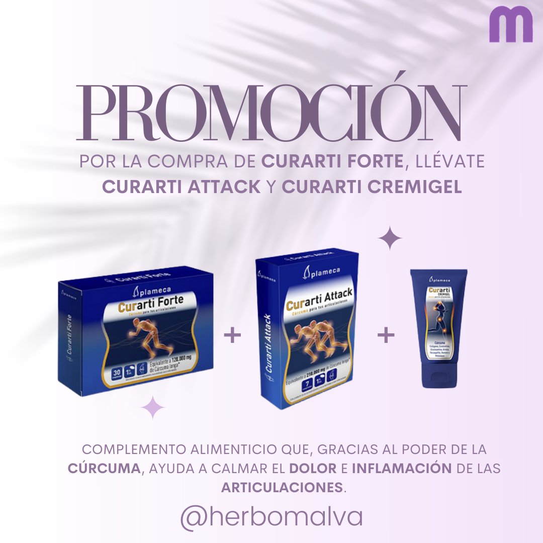 HerboMalva's tweet photo. Hoy os traemos una nueva #promoción de la mano de @plameca . Por la compra de  #Curarti Forte, llévate totalmente gratis Curarti Attack y Curarti Cremigel. ¡Usa la #cúrcuma para ayudar a la #salud de tus #articulaciones!💪🦵 https://t.co/iBqDl7a97s