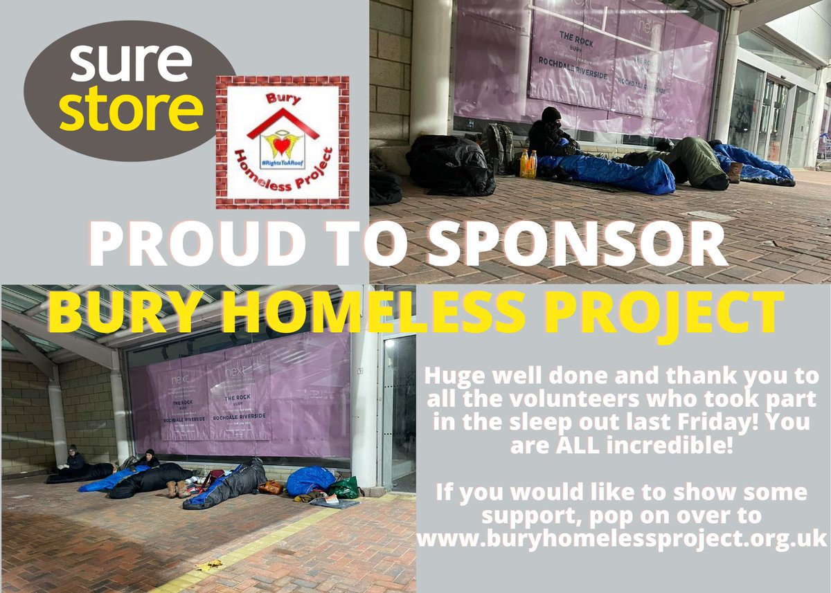 StorageBury's tweet photo. A huge well done to ALL volunteers who took part in @BuryHomelessProject Sleep Out Friday 12th November, you are doing an amazing job! We are extremely proud to be a sponsor, here at @StorageBury.
Want to know more? https://t.co/01SPrhdPtA.
#buryhomelessproject #surestorebury https://t.co/2LsIVzJ4j1