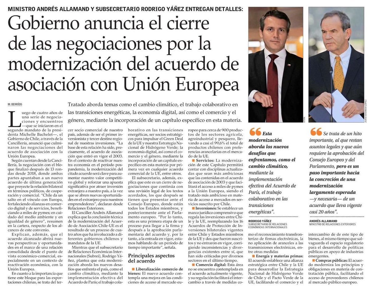 subrei_chile's tweet photo. 🔹Gobierno anuncia el cierre de las negociaciones por la modernización del acuerdo de asociación con Unión Europea 🇪🇺
🔸 Tratado aborda temas como el cambio climático, el trabajo colaborativo en las transiciones energéticas, la economía digital, así como el comercio y el género. https://t.co/dpseOiFVik