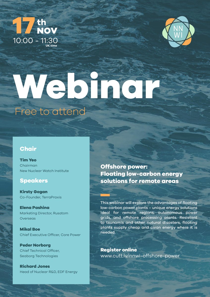 newnuclearwatch's tweet photo. We are delighted that Richard Jones, Head of Nuclear R&D at @edfenergy will be joining the speaker line-up for #webinar on 17 November. Register and also hear from @TerraPraxis @SeaborgTech @COREPOWER10 @RosatomGlobal.
REGISTER HERE https://t.co/hcAUD9aRne
#yestonuclear #netzero https://t.co/MJHe6MvXkG
