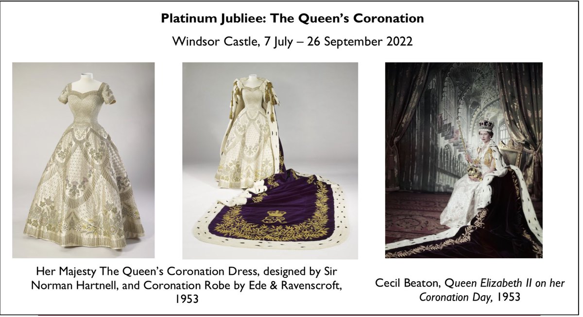 RE_DailyMail's tweet photo. The @RCT have announced three new exhibitions next year to mark The Queen’s historic Platinum Jubilee at Buckingham Palace, Windsor Castle and the Palace of Holyroodhouse. 
Among the items that will go on display are her coronation dress and robe (how tiny was her waist?) https://t.co/Gzwsxizkd8
