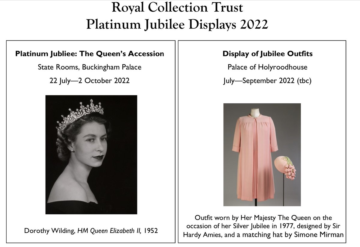 RE_DailyMail's tweet photo. The @RCT have announced three new exhibitions next year to mark The Queen’s historic Platinum Jubilee at Buckingham Palace, Windsor Castle and the Palace of Holyroodhouse. 
Among the items that will go on display are her coronation dress and robe (how tiny was her waist?) https://t.co/Gzwsxizkd8