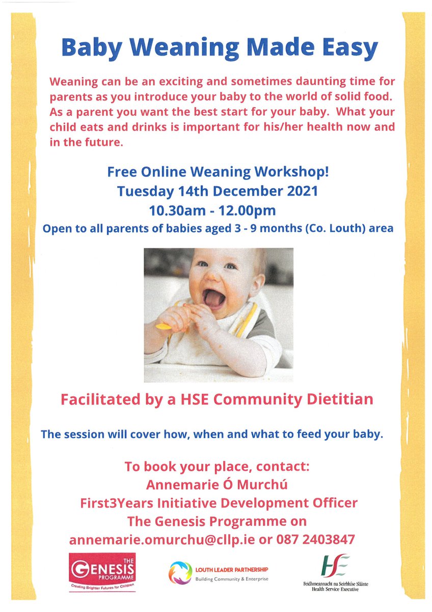 Free Baby Weaning Session for Parents of babies aged 3-9 months residing in Co.Louth.  Booking essential, see poster for details! #babies #weaning #louth