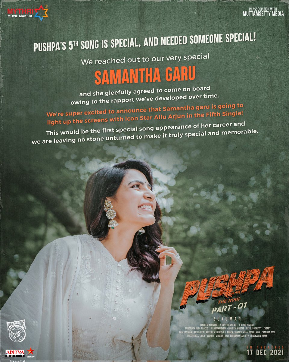 PushpaMovie's tweet photo. The supremely talented @Samanthaprabhu2 is going to groove for a sizzling number in #PushpaTheRise 💥💥

#PushpaTheRiseOnDec17

@alluarjun @iamRashmika @aryasukku #FahadhFaasil @Dhananjayaka @Mee_Sunil @ThisIsDSP @adityamusic @MythriOfficial https://t.co/u46bMIBkFL