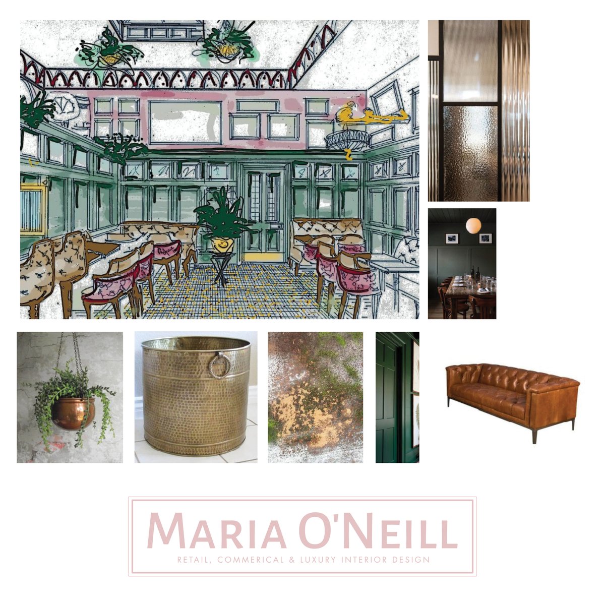 MONeillDesign's tweet image. Maria&apos;s hand sketch of an #interiordesign together with a mood board of finishes for a client fit out due this January - keep an eye for more! 👀

#MONdesign #retaildesign