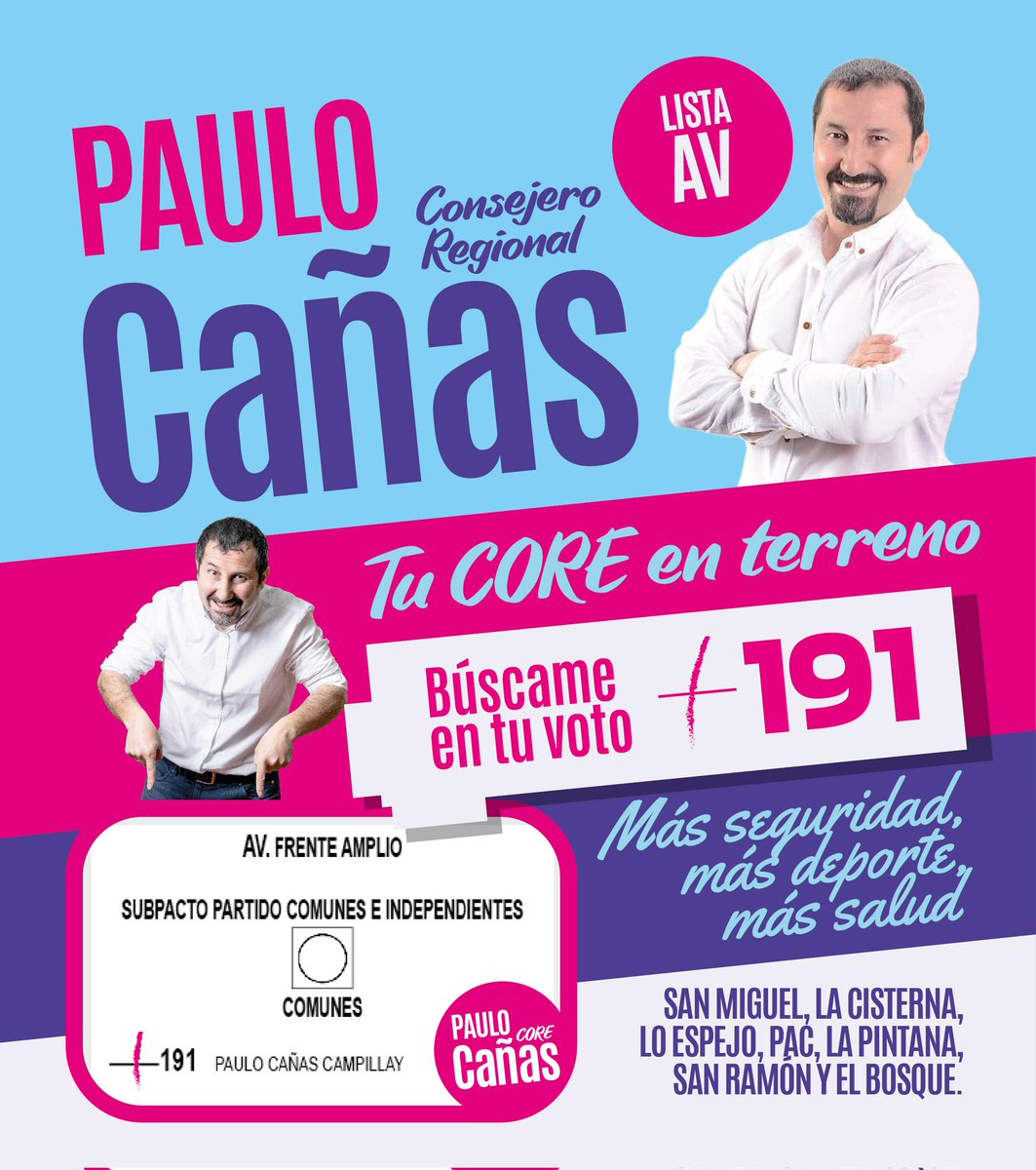 paulocanascore's tweet photo. Oiga! 📣
Este domingo 21, #YoEstoyConCañas ! 😅
🗳 AV 191 –/– Paulo Cañas Campillay ✅
#YoCreoEnCañas
#CoreCañasEnTerreno
#AV191 https://t.co/xPRxph4NQQ