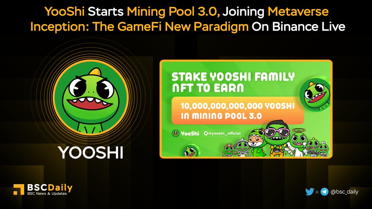 bsc_daily's tweet photo. Share 10,000,000,000,000 $YOOSHI in the @yooshi_official Mining Pool 3.0 🤩

Users can start earning at 12:00PM UTC, Nov 15 by staking #NFTs. Much good news flowing to #YOOSHI, including #Metaverse Inception hosted by @ACCapital1. Are you excited?

👉https://t.co/wY0z8ZTX5Z

#BSC https://t.co/tcGAe98A2e