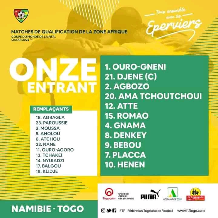 Emedia_tg's tweet photo. Le match opposant la #namibie aux éperviers du #Togo  est prévu pour ce lundi 15 novembre 2021 à 13h GMT. Découvrez le onze de départ des éperviers et un lien pour suivre la rencontre ici : https://t.co/BLxnlIumIJ

#emedia #team228 https://t.co/EAu2tUtKP1