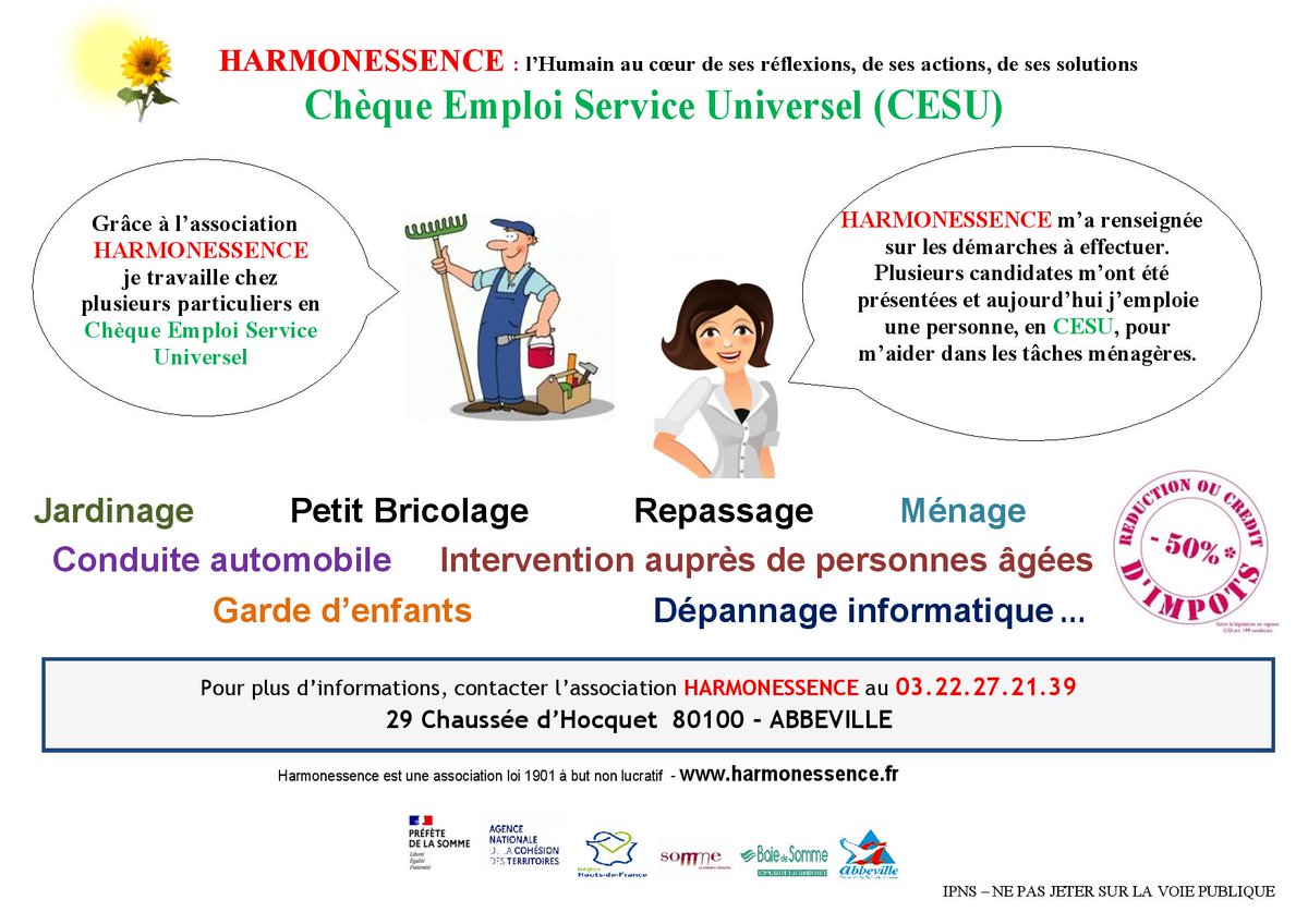 Harmonessence80's tweet photo. Vous souhaitez employer une personne pour vous aider dans votre quotidien:ménage,repassage,garde d’enfants,espaces verts,petits travaux de bricolage
L’association Harmonessence vous renseigne sur le CESU , et vous met en lien avec des candidats. Tél:03.22.27.21.39 https://t.co/XQT1yxTAnA