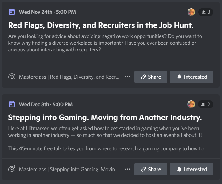 HitmarkerJobs's tweet photo. 💥 Save the dates! 💥

We have two more Discord Masterclass events planned for you. 🔥

🚩 Wed, Nov 24 - Red Flags, diversity and recruiters.
↔️ Wed, Dec 8 - Stepping into gaming from another industry.

Join the Discord server so you don't miss anything!

https://t.co/vgOFk8Aoi5 https://t.co/8jroWpBNsZ