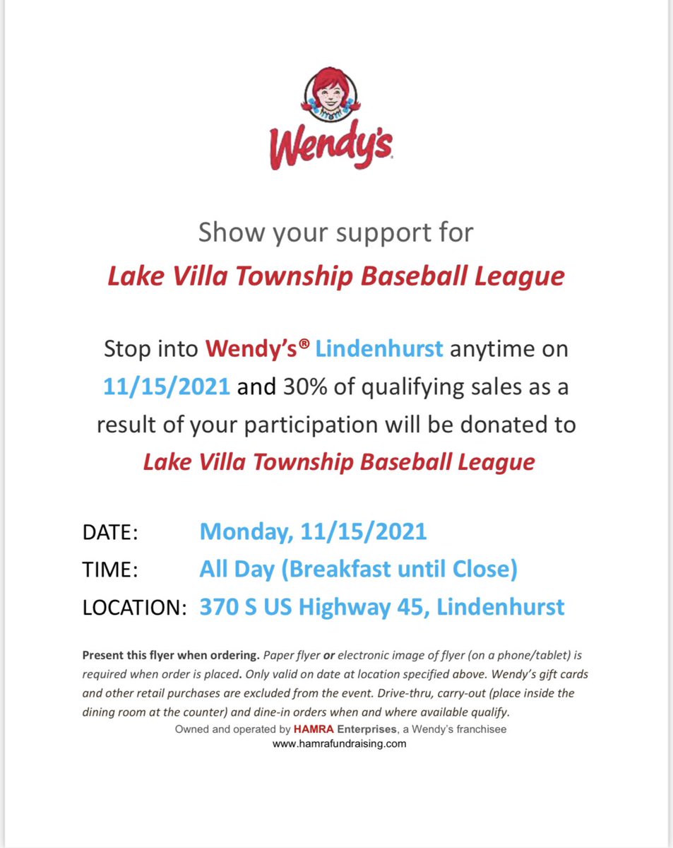 LVTB_Baseball's tweet photo. Be sure to stop at the Wendy’s on route 45 today to support Lake Villa Township Baseball and Softball! 30% of all proceeds will be donated to LVTB today! https://t.co/JRVStwno9z