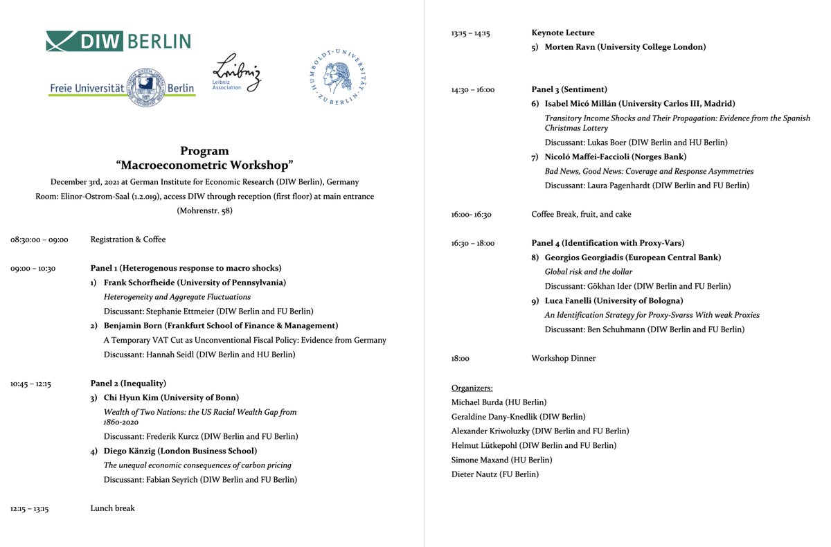econ_stardust's tweet photo. We have fantastic program for the #macroeconometric Workshop at the @DIW_Berlin! 

Looking forward to presentations from @bornecon, @ckim_econ, @drkaenzig, @MortenORavn, @nmaffeifaccioli, @JorgoGeorgiadis, @lucafanelli5, Isabel Mico Millan, and Frank Schorfheide! https://t.co/F4jia7LSf3