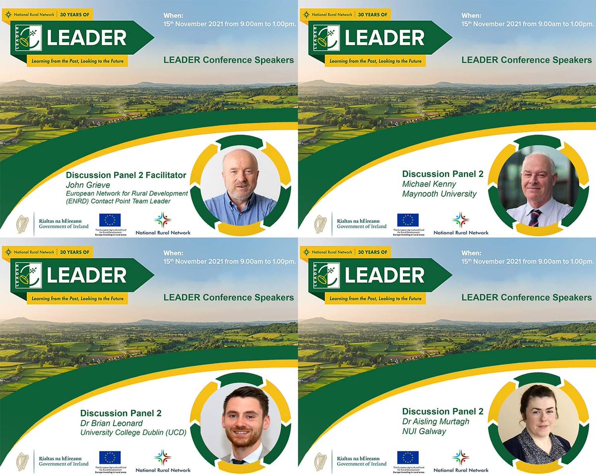 Dr Aisling Murtagh, NUI Galway, Michael Kenny, NUI Maynooth &amp; Dr Brian Leonard, UCD are taking part in the final panel discussion session of the NRN’s National LEADER Conference, hosted by John Grieve from the European Network for Rural Development (ENRD).
#LEADERCLLD