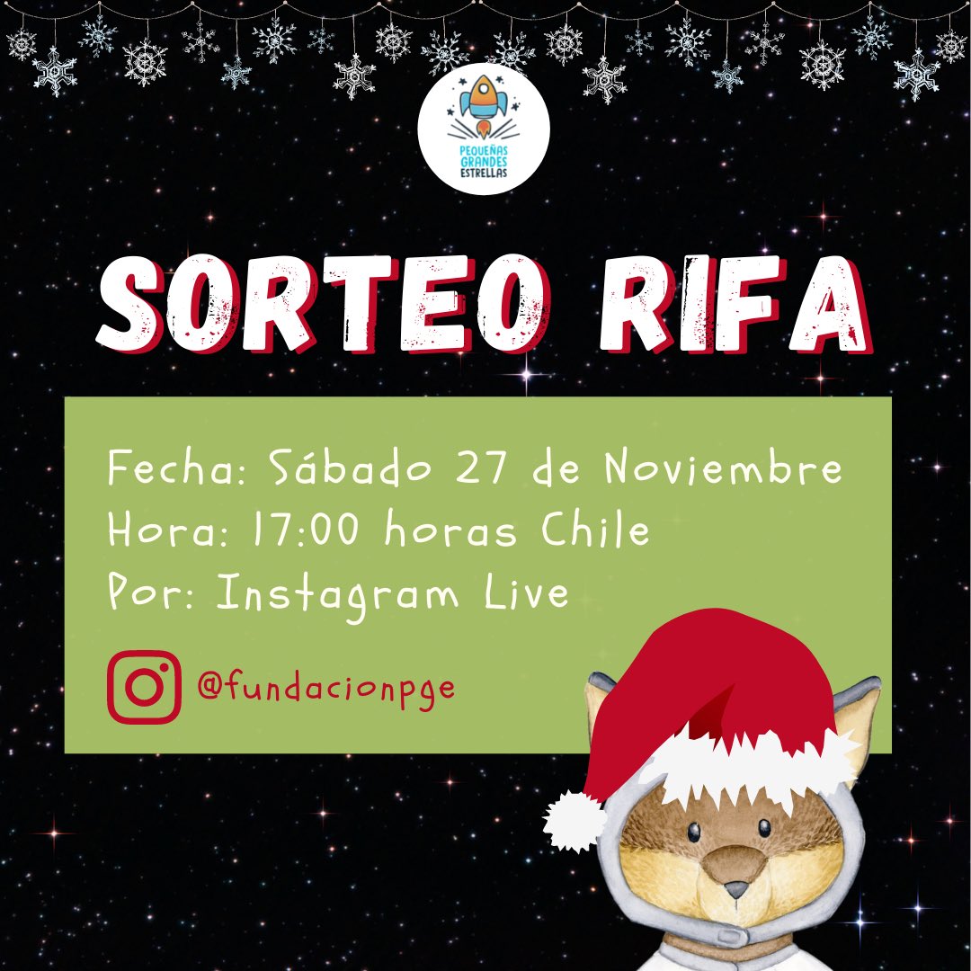 ✨RIFA PGE🦊 ✨

¡Acompáñanos en esta nueva aventura! 🚀

💵 Valor número $1.000 pesos
⚠️ Sorteo Sábado 27 Noviembre a las 16:00 Hrs
🎁 28 Premios increíbles
