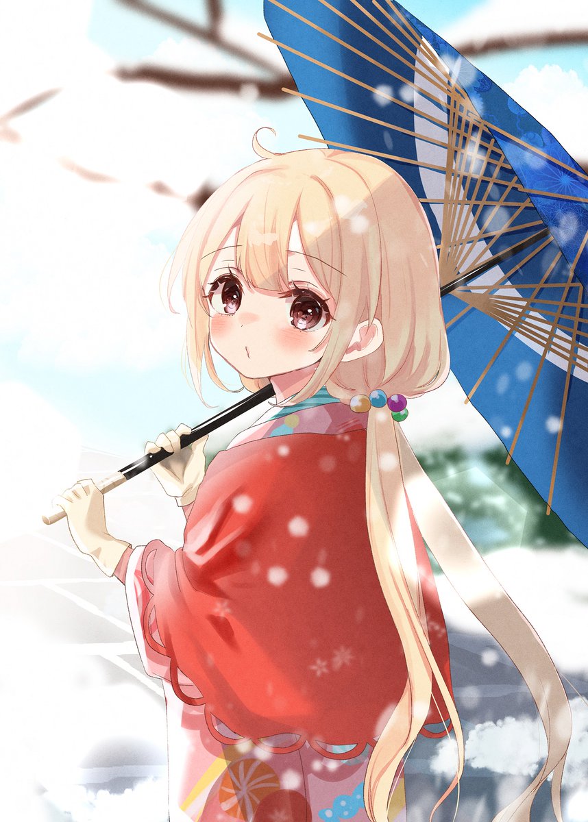 futaba anzu 1girl solo umbrella japanese clothes long hair blonde hair twintails  illustration images