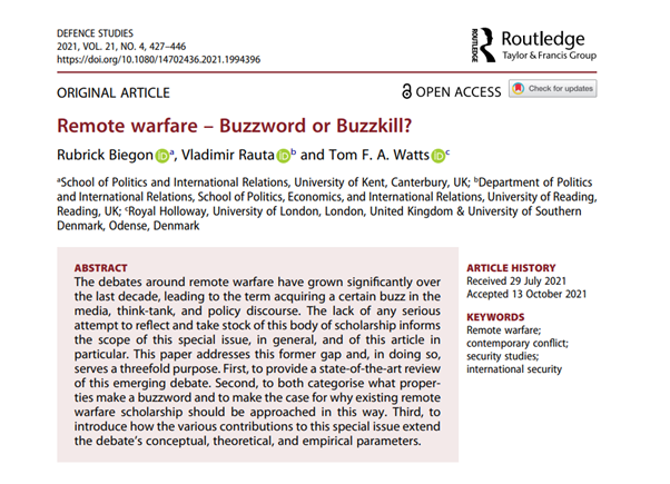 RubeBiegon's tweet photo. Interest in #RemoteWarfare has intensified in recent years. In the intro to our new @defence_studies special issue, we explore debates on remote warfare amidst the shifting study of conflict in the 21st century. Is the concept worth the buzz? #OpenAccess
https://t.co/XUOfeMePzw https://t.co/GF48Nz3noC