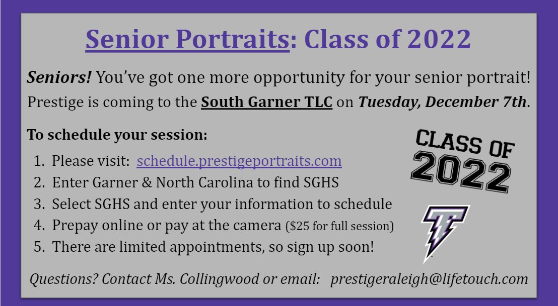 Class of 2022- Mark your calendars! Click here to schedule: schedule.prestigeportraits.com/schedule/home.…
More information here: bit.ly/SGHS22pics #ExcellenceOnPurpose