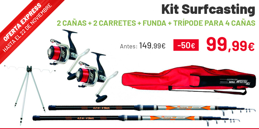 Kit Surfcasting: 2 cañas + 2 carretes + Trípode + Funda