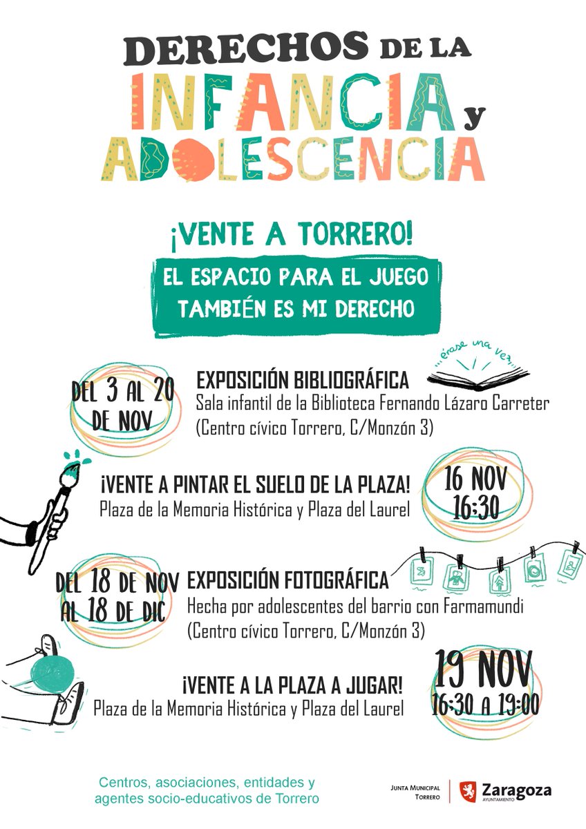 arainfonoticias's tweet photo. Torrero celebra el día internacional de los derechos de infancia y adolescencia con actividades hasta el 20 de noviembre en el Centro Cívico Torrero y en la Plaza de la Memoria Histórica https://t.co/mRJv5TuudG