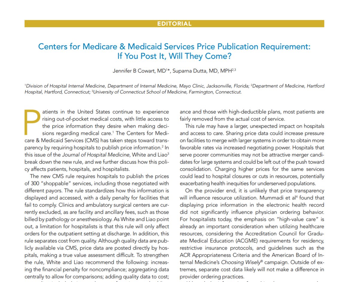 Is more data always a good thing?  📊 📉

A new change from <a href="/CMSGov/">CMSGov</a> requires hospitals to publish more transparent price data — but will patients use it? 

✏️ Tips for hospitalists in this editorial from @jbcowartmd &amp; <a href="/nina105/">Nina Dutta</a> 

bit.ly/3jXWJky