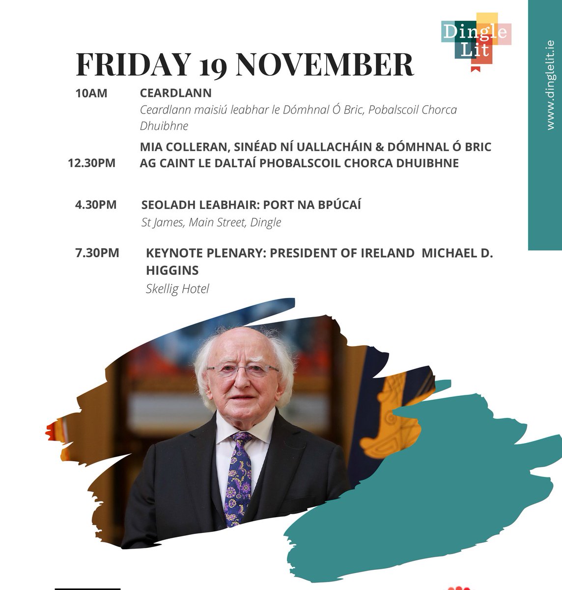 DingleLit's tweet photo. We cannot believe the day has finally arrived! 
We are beyond excited to welcome the President to Dingle this evening and to see all our amazing authors and guests over the weekend. Here is a full schedule of events happening this weekend (online and in person) https://t.co/mK7xvhGEGb