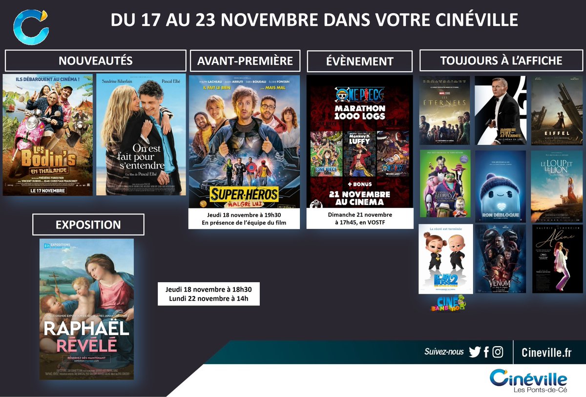 ⭕ Sorties ciné du mercredi 10 novembre :

➡️ LES BODIN'S EN THAILANDE
➡️ ON EST FAIT POUR S'ENTENDRE
➡️  SUPER-HEROS MALGRE LUI
➡️ MARATHON ONE PIECE
➡️ RAPHAEL REVELE
➡️ BABY BOSS 2

⭕ Retrouvez tous les horaires sur les-ponts-de-ce.cineville.fr

#Cineville #LesPontsDeCe #Angers